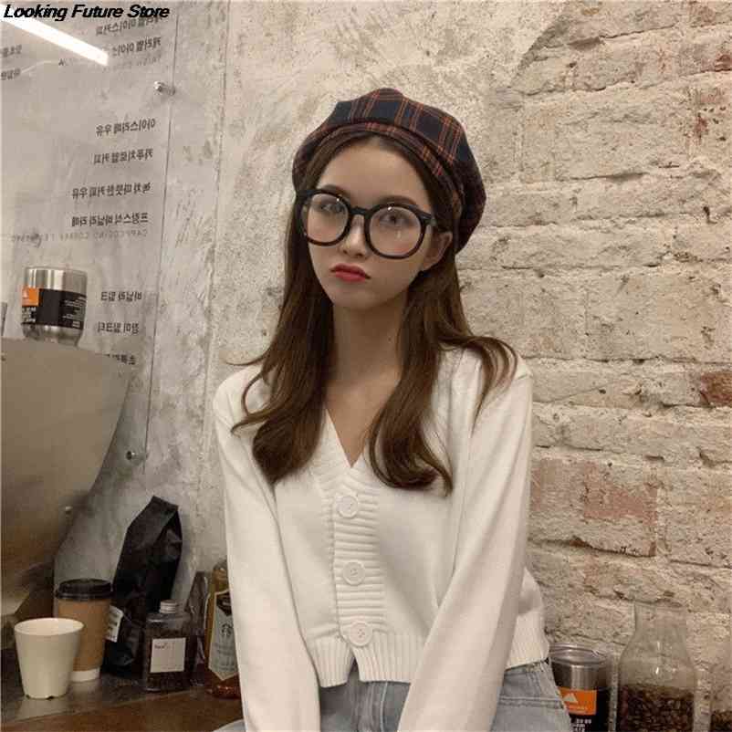 

Knitted Crop Cardigan Women Korean Short Sweater Long sleeve V neck Green Blueexpose Waist Clothing 210830