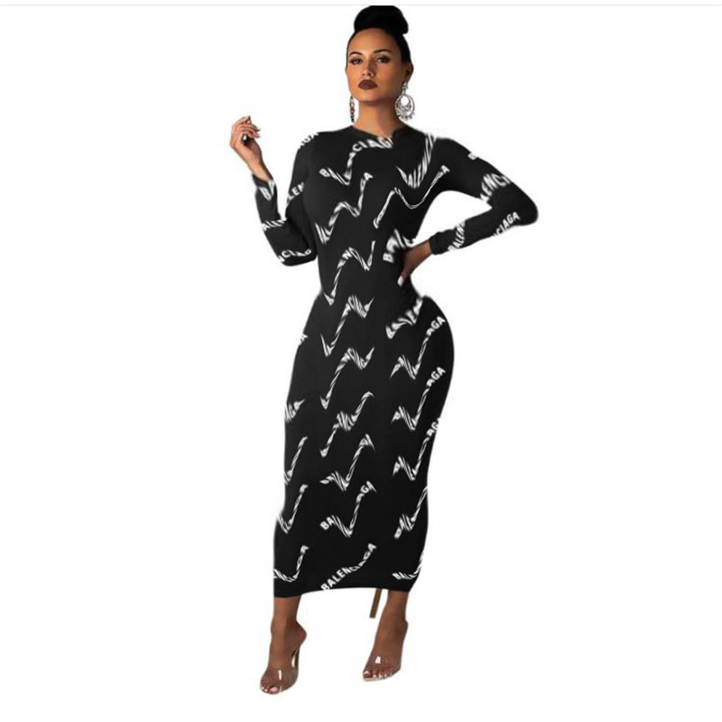 

21S Print Midi Dress Summer Women Casual Fashion Letter Printed Round Collar Short Sleeve S-2XL Casual printed skirt is long and slim and se, Black;gray