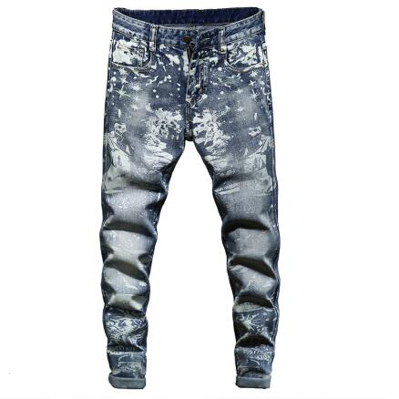 

2021 New Men's Male Snow Washed Printed Stretch Denim Jeans Fashion Slim Fit Pencil Pants Trousers Y0s2, Beige