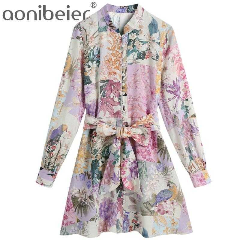 

Women Multicolor Chic Belt Floral Print Mini Dress Vintage Long Sleeve Button-up Female Dresses Vestidos Mujer 210604, As picture