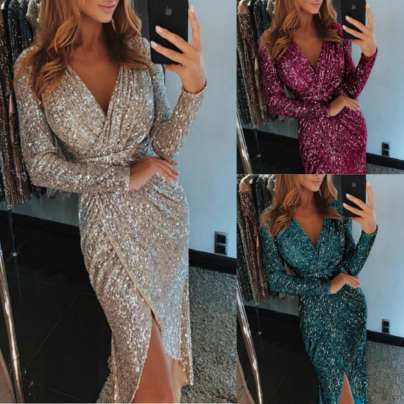 

2021 New Sequin Black Spring Summer Vintage Ladies Sexy Es Woman Party Night Women Slim Vestido v Neck 4u0o, Green