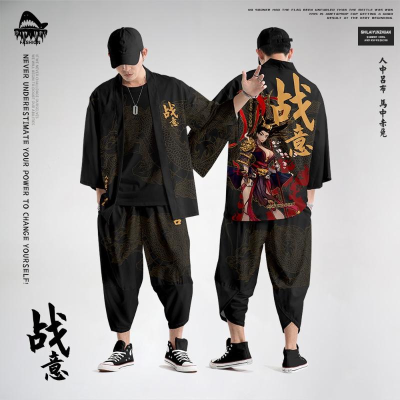 

Ethnic Clothing Men Loose Black Print Cardigan And Pant Set Harajuku Japanese Kimono Cosplay Haori Blouse Tops Yukata Plus Size 6XL