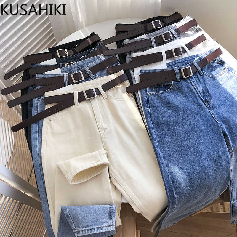 

Belt High Waist Jeans Pants Women Spring Korean Ankle-length Trousers Causal Solid Demin Harem Mujer 6F696 210603, White