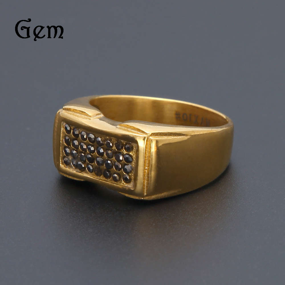 

Hip hop stainless steel ring with color preserving electroplated diamond inlaid black stone ring