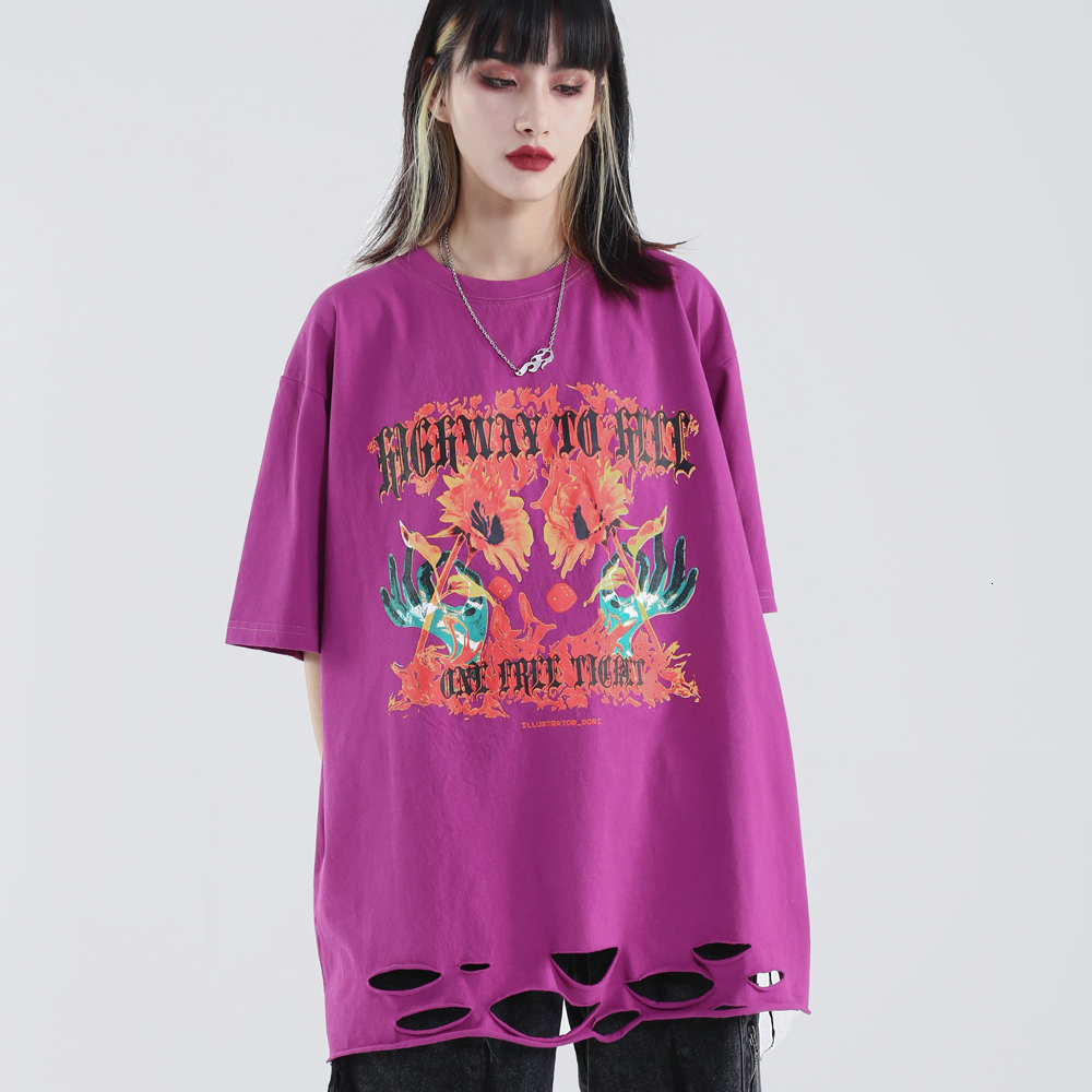 

2021 New Ripped Holes Summer Top Graphic Tees Satan Suower Oversized Purple Shirts Women Goth Clothes Streetwear Gothic Clothing 3taz, Red