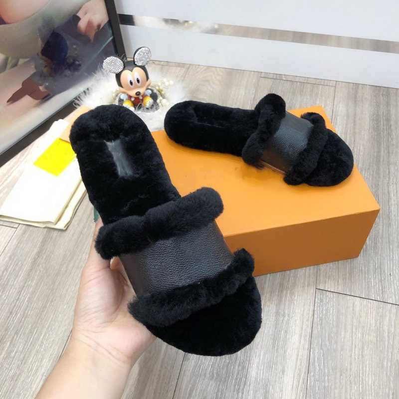 

Classic winter Wool slippers Women sandals Fashion Designers Flat Slides Flip Flops slipper real leather womens Sandal silde with box Size 35-42, No slipper only box