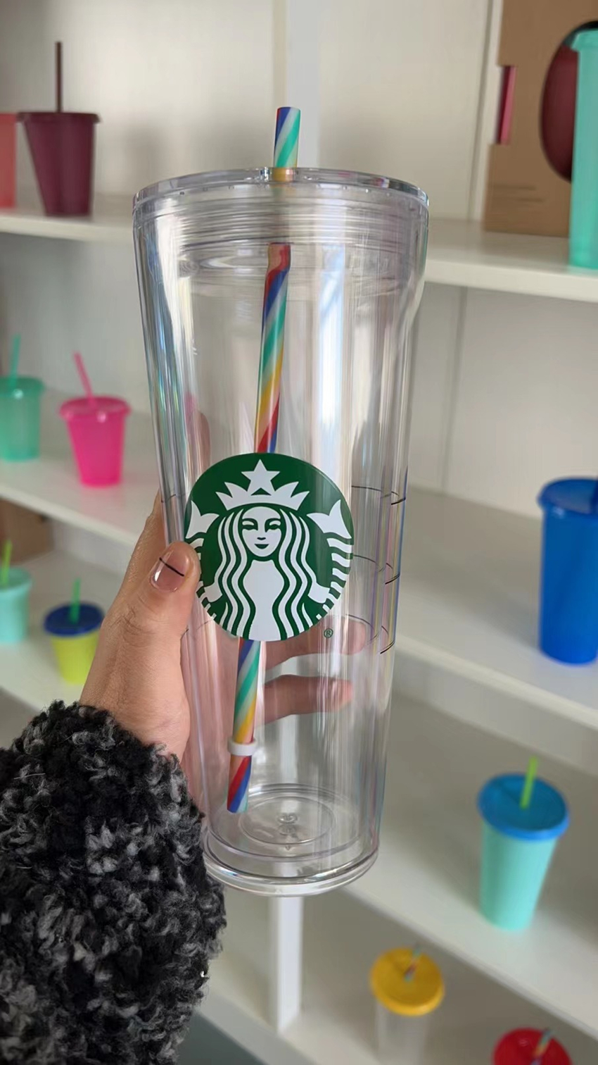 

Brand new 24OZ Starbucks double-layer plastic mug with lid and straw, Multi-color