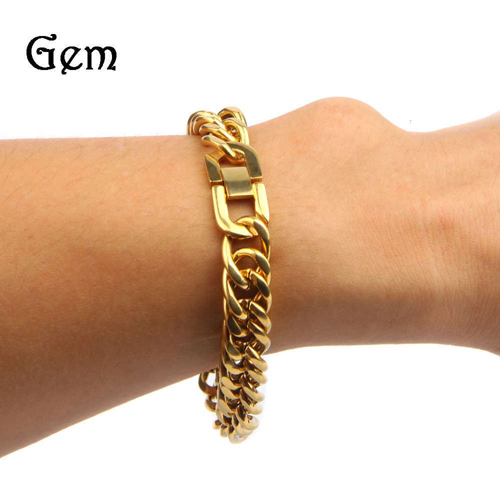 

Men's hip hop stainless steel color preserving electroplated Bracelet 12mm14mm double button double faced men's Bracelet
