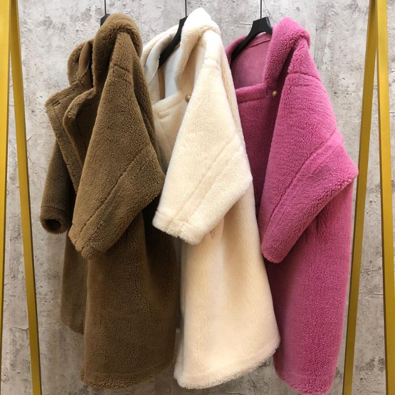 

Women's Fur & Faux Women 2022 Winter Teddy Bear Outerwear Female Real Wool Loose Warm Thick Overcoat Ladies Hooded Natural Coats F30, Black