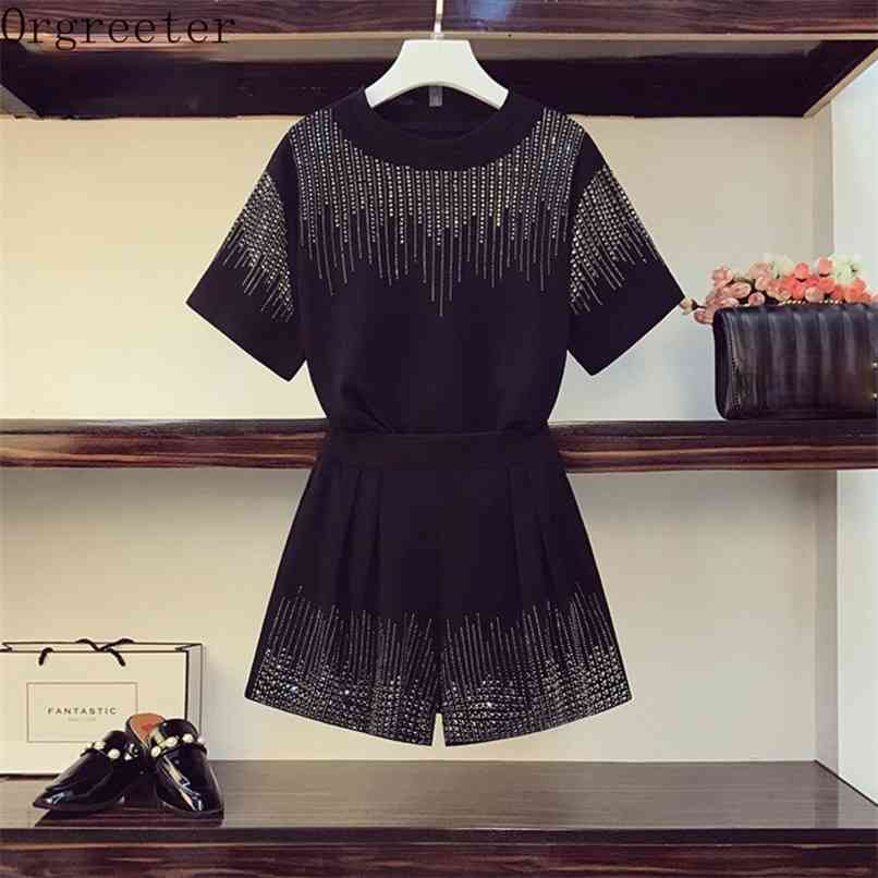 

Plus size Tacksuit Women Casual Summer Sinny drilling Sequined Short sleeve Tshirt and Shorts Suits Two piece Outfits 210602, Black