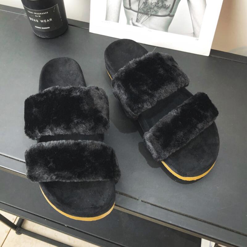 

Black Slides With Fur Indoor Furry Slippers Women Thick Sole Fur Slides For Women Designer Pantoufle Femme House Home Slippers