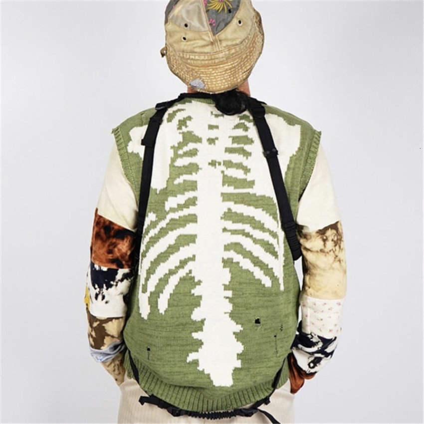 

2021 New Sleeveless Loose Kapital Skeleton Bone Rib Hole Men Woman Crewneck Knit Sweater Vest Sweatshirts Upcv