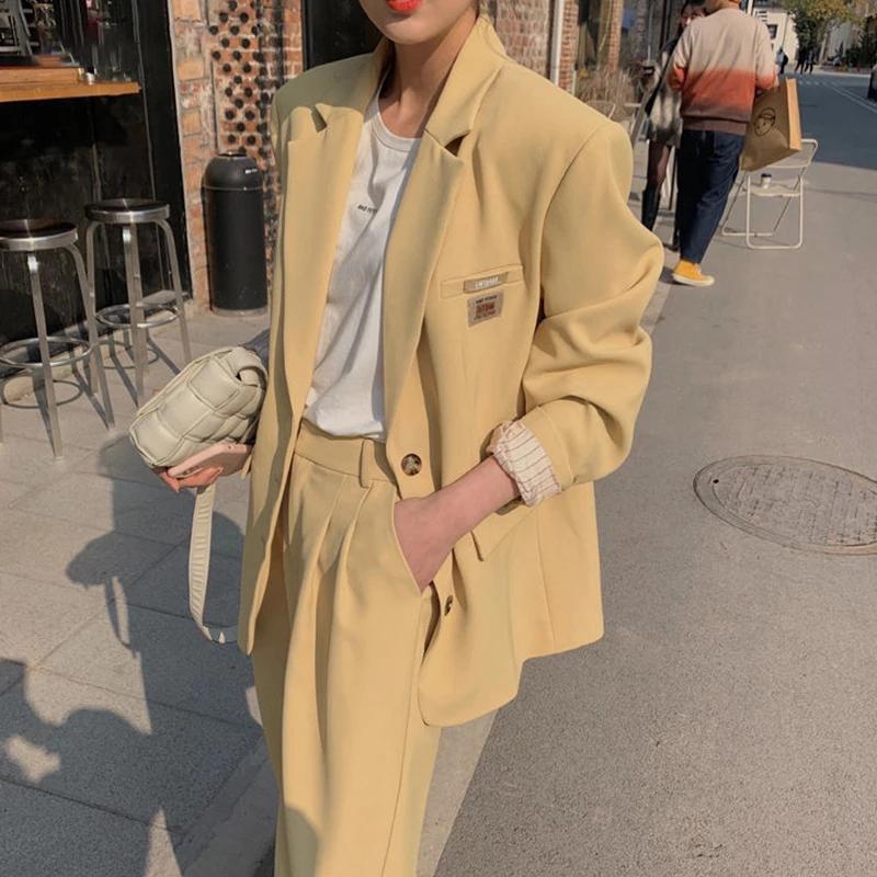 

Women' Two Piece Pants Herstory Elegance Single Breasted Office Lady Work Jacket Korean Fashion Yellow Set 2 Women Blazer Wild Leg Pant Sui, Red