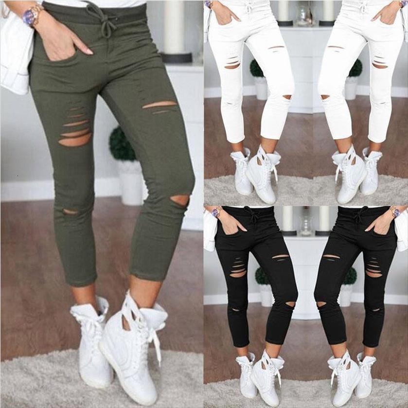 

cargo fashion slim high waisted womens pants stretchy skinny broken hole pencil solid color streetwear trousers, White