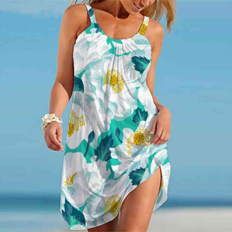 

Women Dresses Summer Sexy O Neck Floral Print Green Beach Dress Spaghetti Strap Sleeveless Mini Dress Wrap Sundress Robe, Black;gray