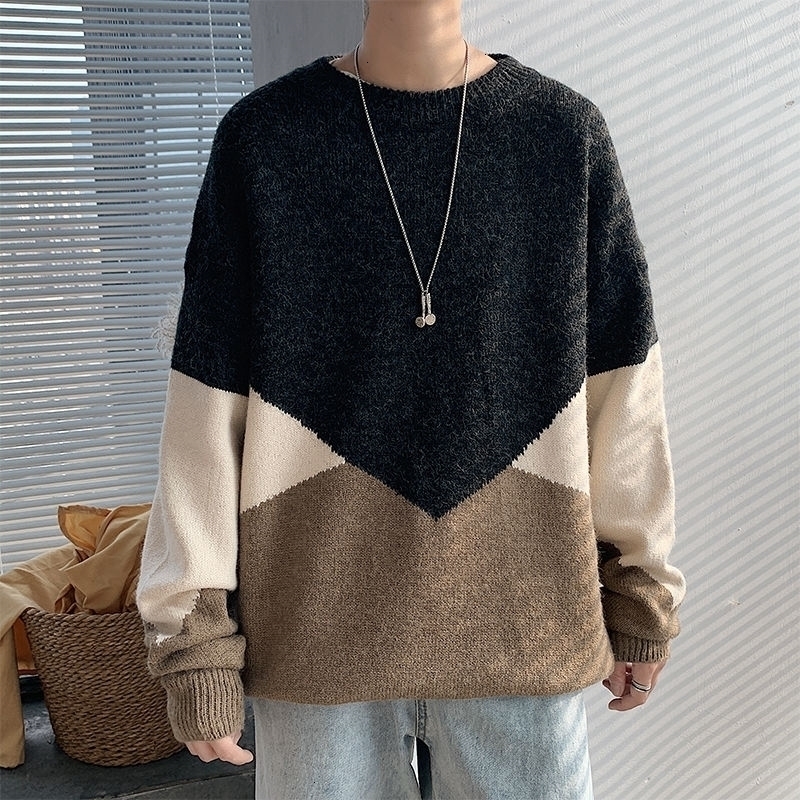 

2021 New Winter Sweater Men's Warm Fashion Hit Color Casual O-neck Knitted Pullover Men Wild Loose Knitting Sweaters Mens Clothes -5xl Erwp, Blue