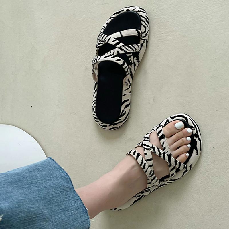 

Slippers 2021 Summer Women Flats Flip Flops Fashion Thick Bottom Flat Platform Lazy Cross Belt Slides Zebra Pattern Sandals, As shown