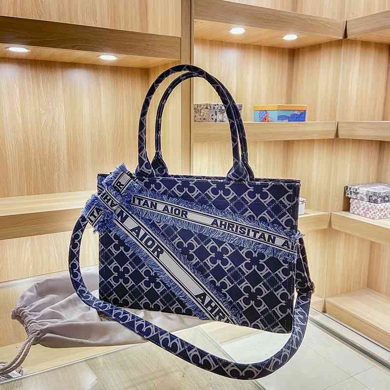 

Bag women 2021 new fashion net red canvas large capacity shoulder bow tote women's bag, Blue