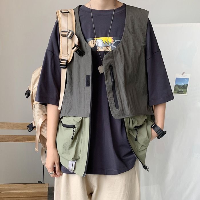 

2021 New Autumn Cotton Men's Fashion Hit Color Casual V-neck Tooling Men Streetwear Wild Loose Hip-hop Korean Vest Mens -2xl Y57a, Gray