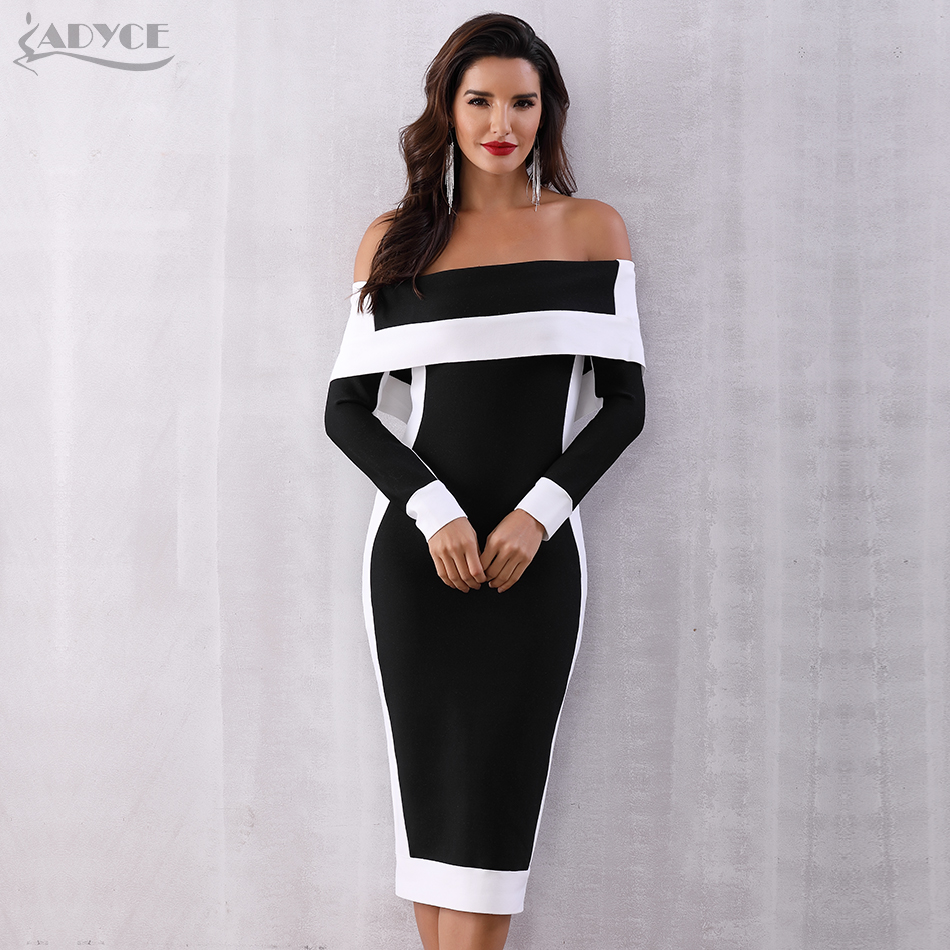 

Adyce Sexy Winter Bodycon Bandage Dress Women Vestidos 2021 New Long Sleeve Off Shoulder Club Dress Celebrity Runway Party Dress, Black bandage dress