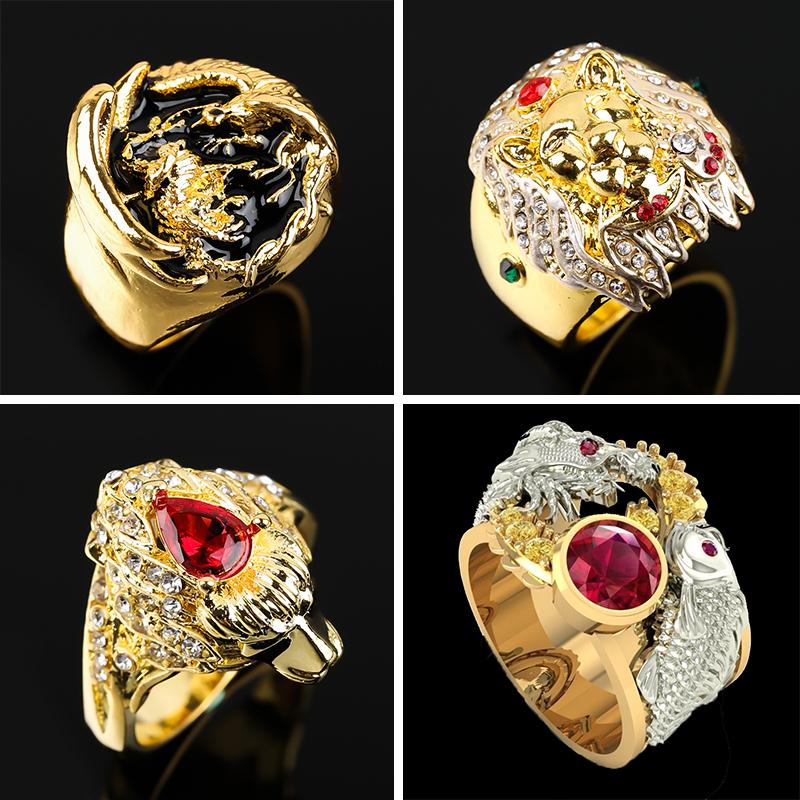 

Cluster Rings Vintage Gold Color Lion Wolf Dragon Head For Men Punk Ferocious Animal Crystal Chunky Finger Ring Gothic Male Jewelry Gift