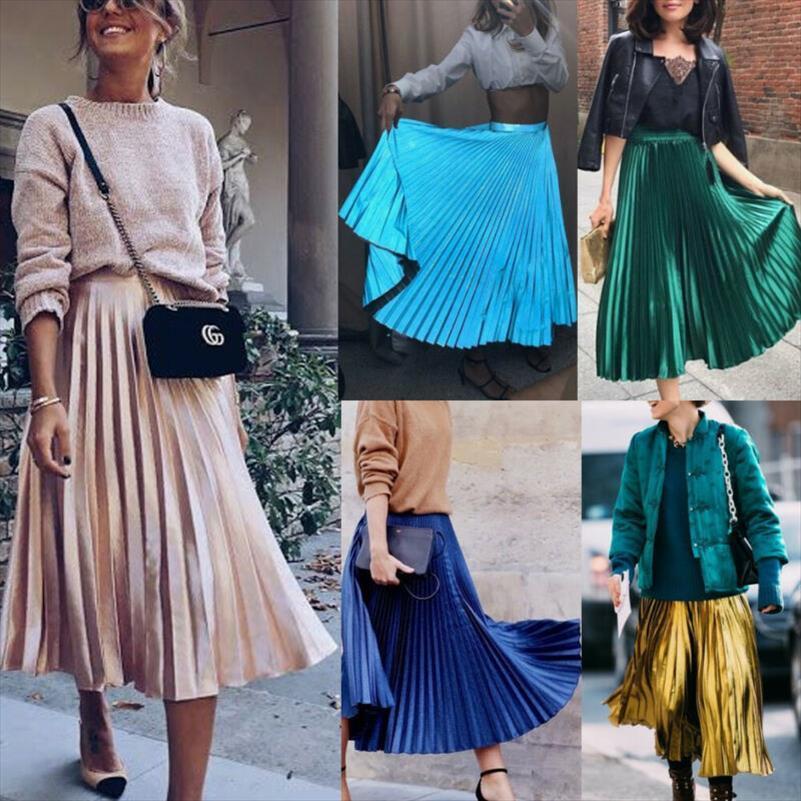 

high waisted skinny pleated women skirt spring autumn solid color casual for party daily life, Black