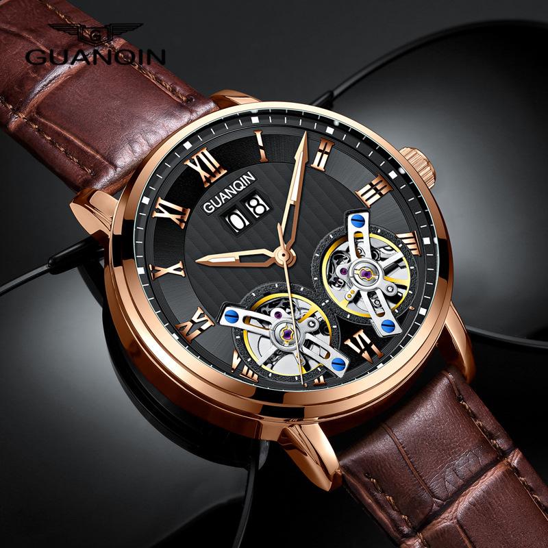 

Wristwatches GUANQIN Fashion Double Tourbillon Mechanical Watch Rose Gold Automatic Date Genuine Leather Belt Business Men Man Reloj Hombre, Gj16158-6