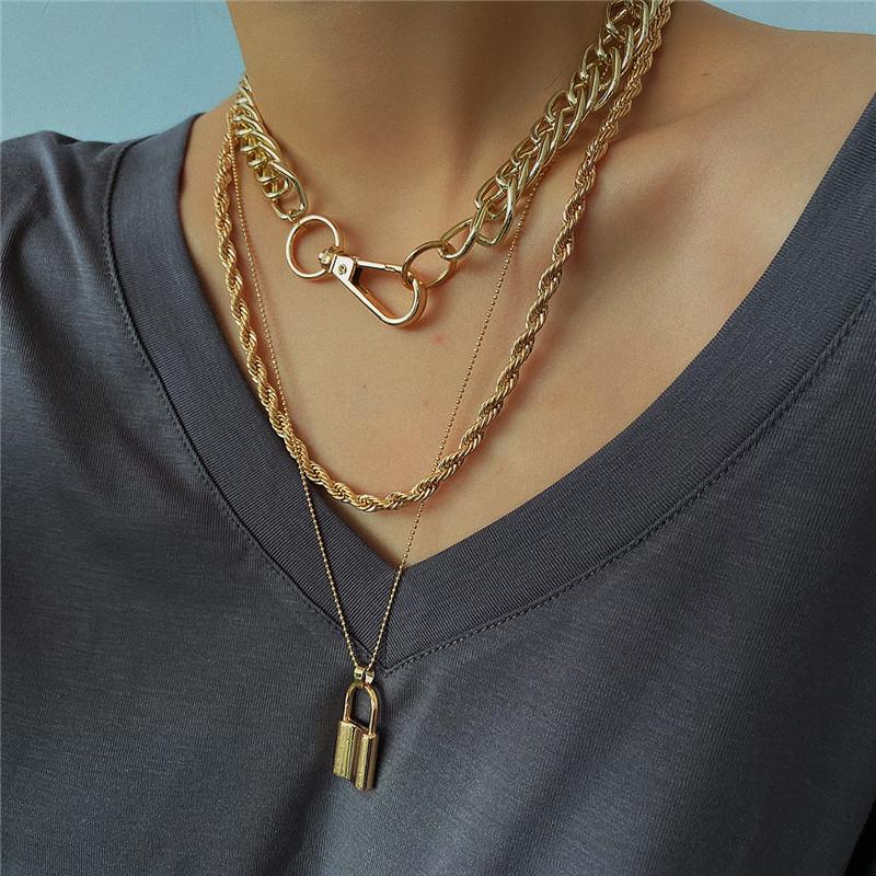 

Pendant Necklaces Drop Multilayer Chain Lock For Women Hip Hop Rock Punk Long Sweater Gold Necklace Collares