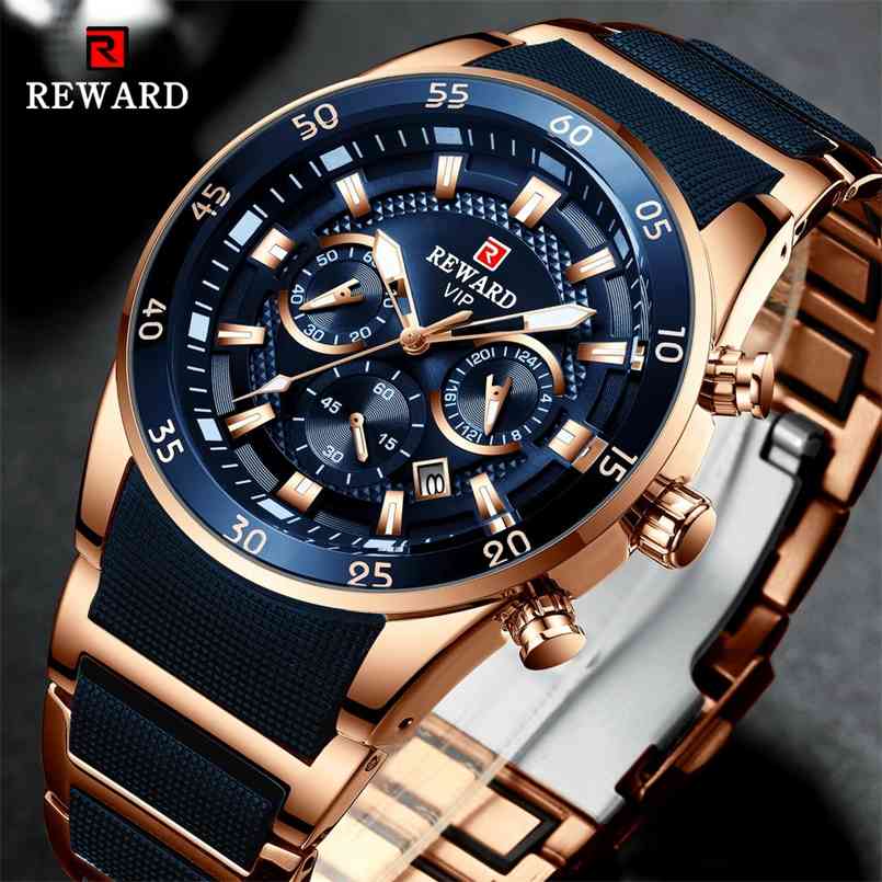 

Reward Sport Men Watches Luxury Brand Lumious Hands Chronograph Male Wristwatches Mens Waterproof Full Steel Montre Homme 210707, Rose black tool