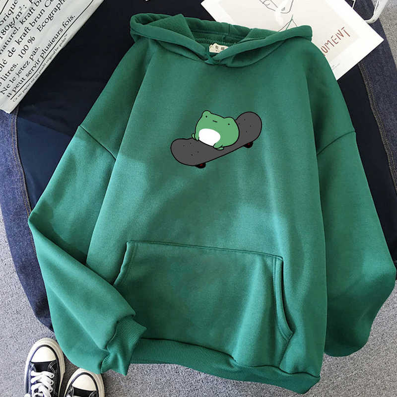 Winter Skateboard Frog Oversized Sweatshirt Men and Women Hoodies Harajuku Warm Pullover Drawstring Pink Womens Korean Style 210927