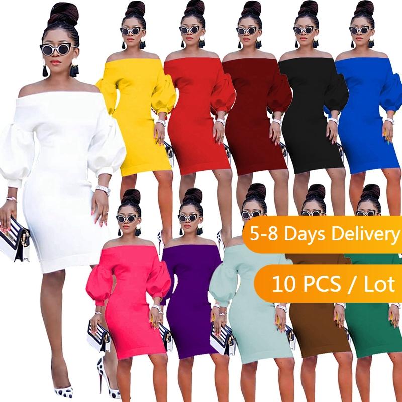 

Casual Dresses Wholesale Items Off The Shoulder Bodycon Dress Women Elegant Lantern Long Sleeve Mini Fall Clothes For Party, Black