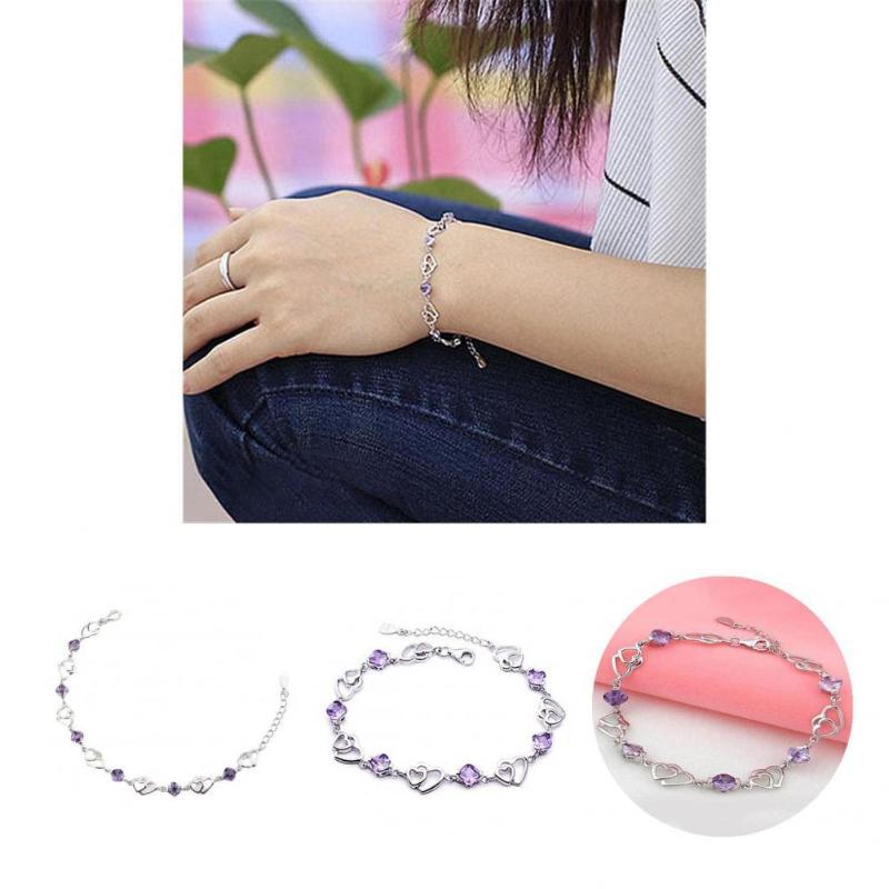 

Bangle Chain Bracelet Lobster Clasp Women Heart-shaped Purple Rhinestone