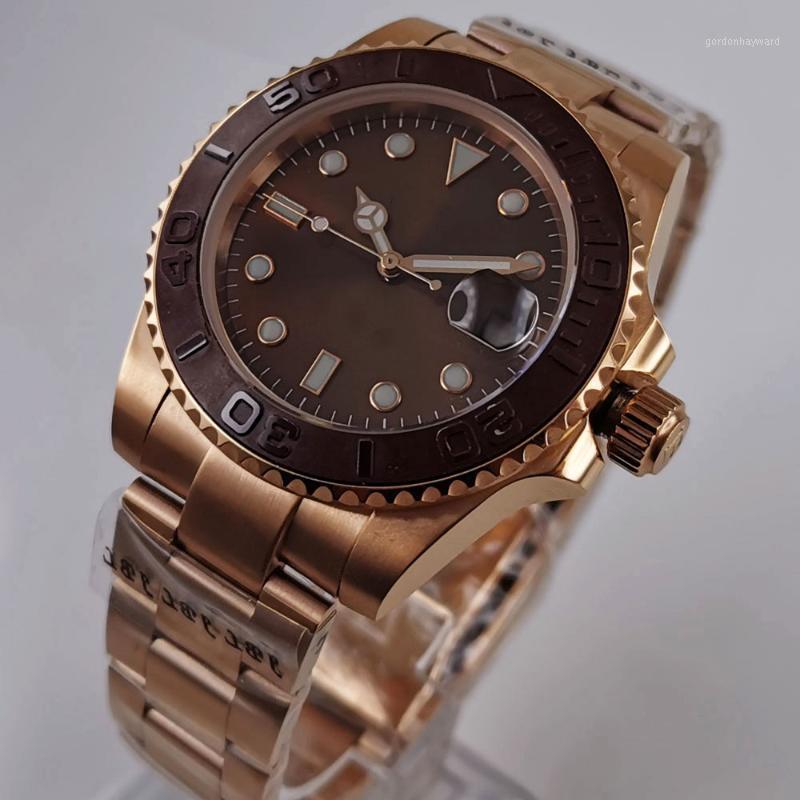 

Wristwatches 40MM Nologo Brown Mechanical Men Watch 21 Jewels MIYOTA 8215 Rose Gold Oyster Strap Ceramic Insert, Mingzhu2813