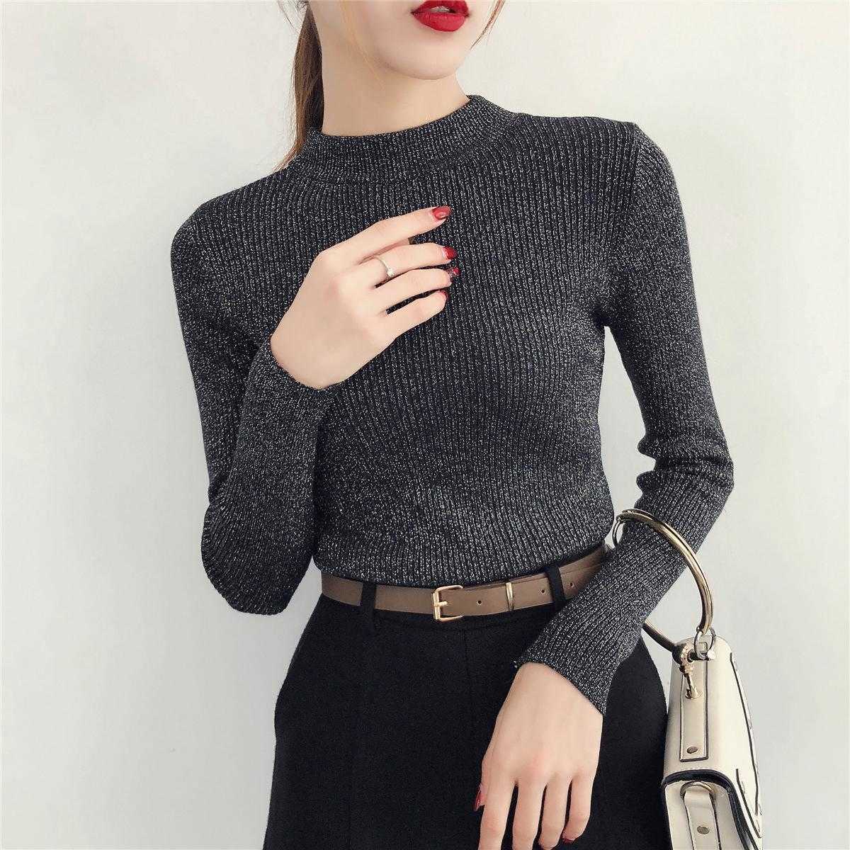 

Shiny Lurex Autumn Winter Sweater Women Long Sleeve Pullover Basic Sweaters Women Korean Style Knit Pink Tops Femme 210604, Blue