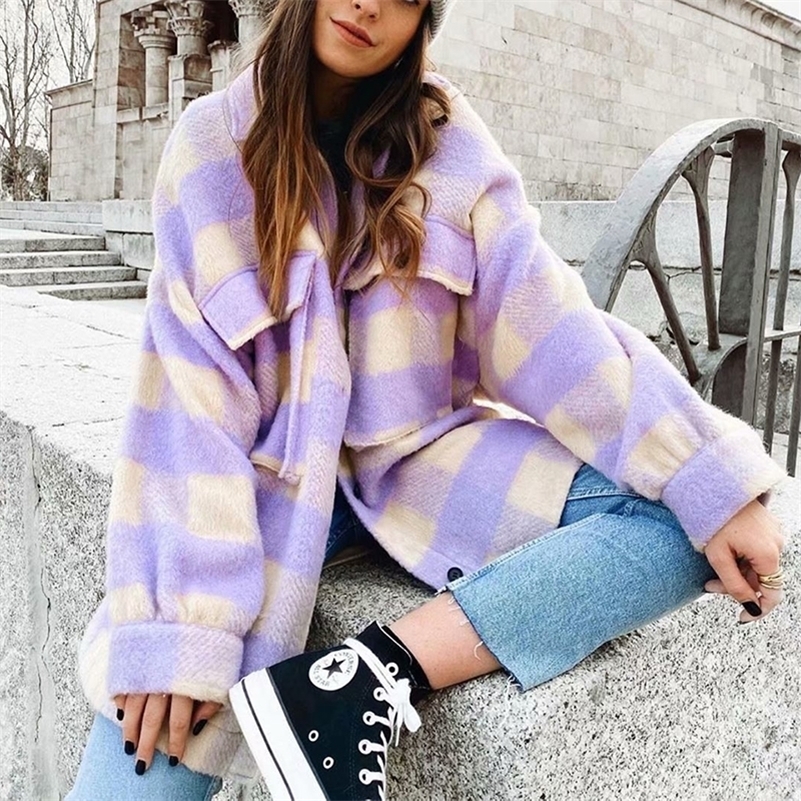 Fashion Women Purple Plaid Woolen Shirts Elegant Ladies Oversize Long Shirt Vintage Female Stylish Thick Blouses Girls Chic 210225