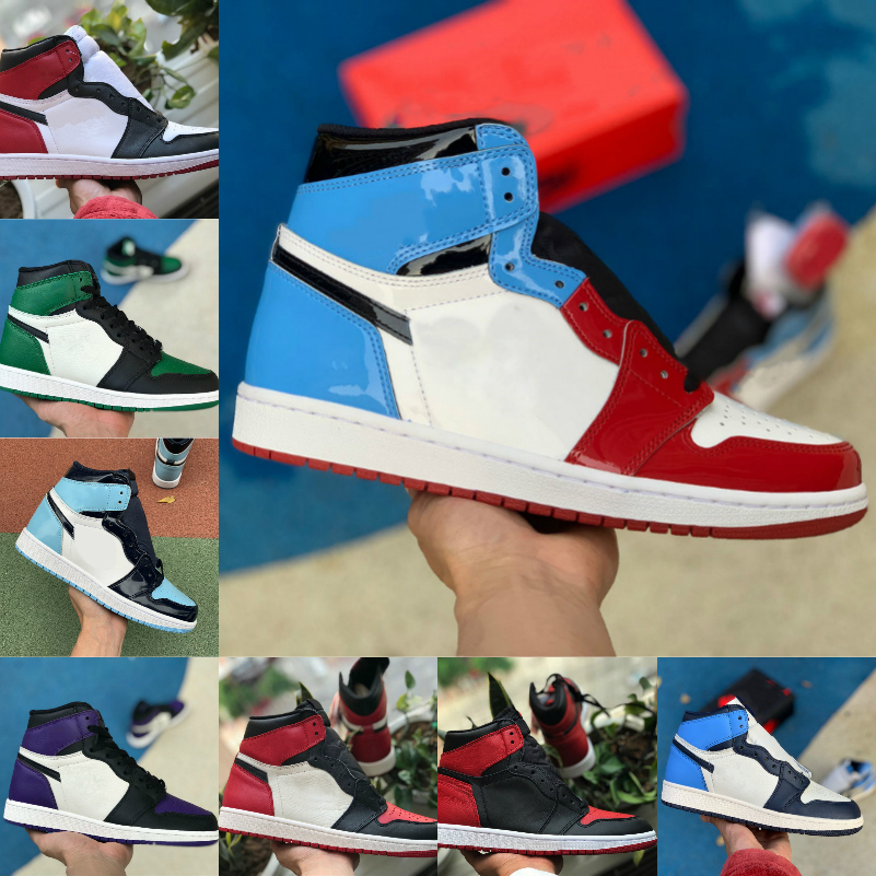 

High 1 1s Basketball Shoes Men Women Bred Toe Black Green Game Royal UNC Patent Court Purple Chicago FRAGMENT Banned TWIST Sports Shoes V85, K1010