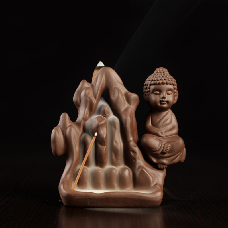 

Ceramic Buddha Smoke Backflow Incense Burner Home Decor Waterfall Monk Censer Purple Clay Incense Stick Holder + 20pcs Cones