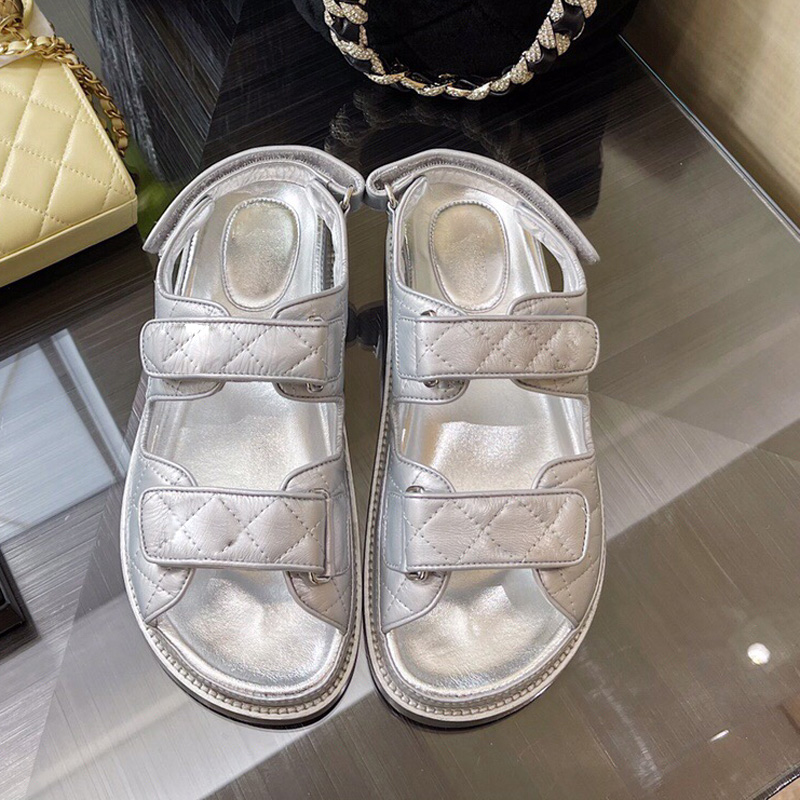 

luxury designer casual womens sandals high end platform beach slippers sandal fashion classic Plaid Flat bottom women shoelace free delivery Silver Big size US10, Black