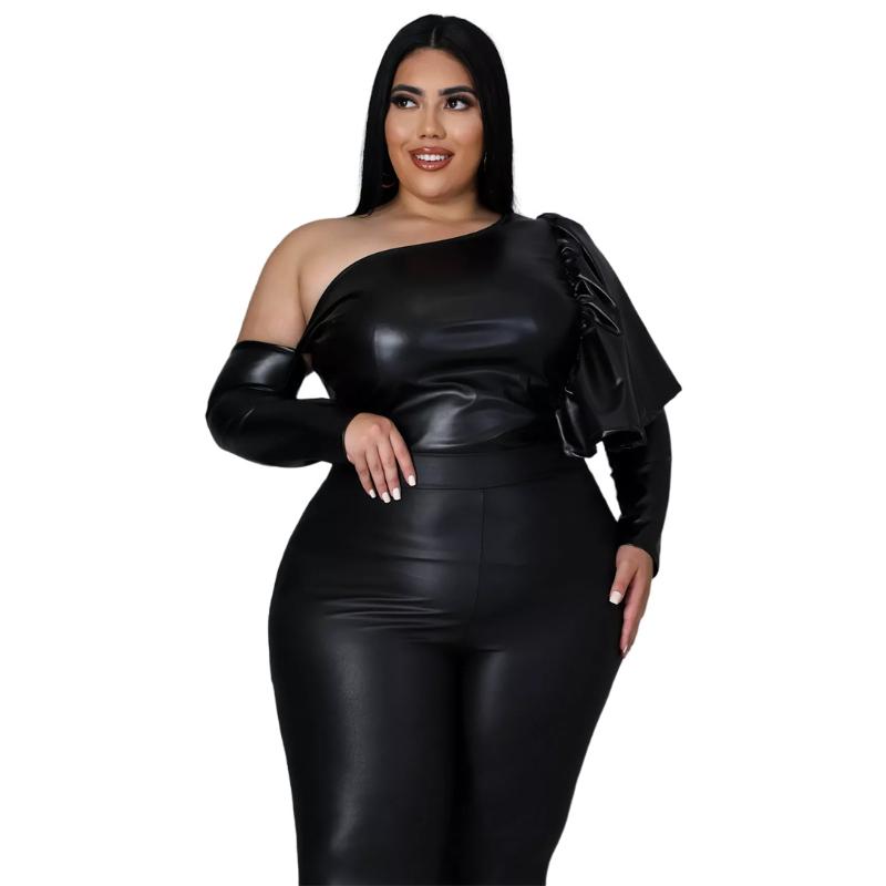 

Plus Size T-Shirt Black Pu Leather Tops Women Sexy One Shoulder Ruffles Long Sleeve T Shirt Streetwear Basic Bodycon Elegant Tees 5XL