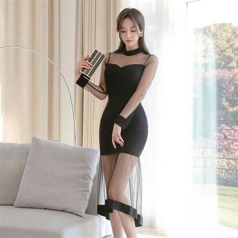 

lace Maxi Dress korean ladies Sexy Hollow out long Sleeve Office party Dresses for women clothing 210602, Black