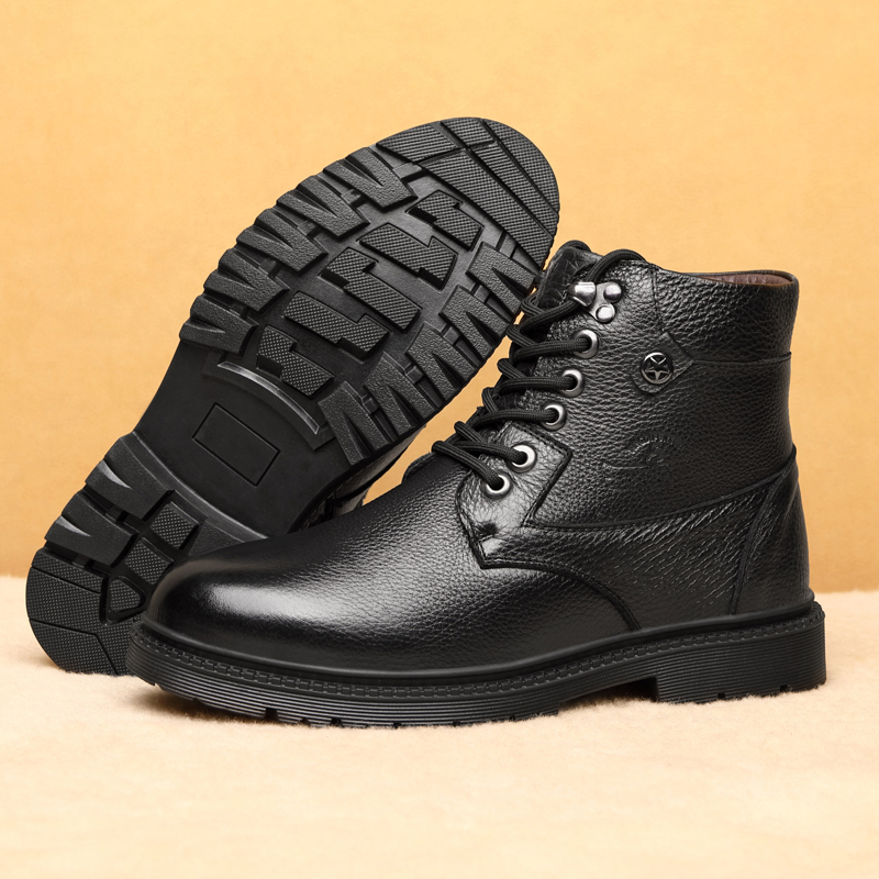 Men Winter Snow Boots Genuine Leather Shoes Comfortable Breathable Wool Keep warm water proof Non-slip and Durable Portable zipper and Convenient
