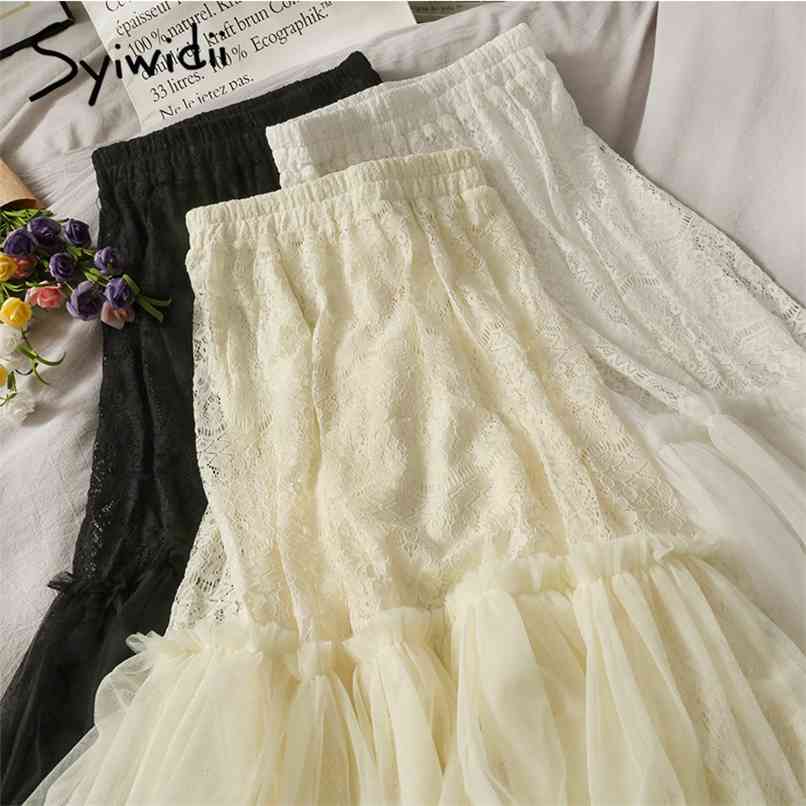 

Mesh Spliced Skirt Women High Waist Mid-Calf Elastic Casual A-Line Solid Spring Summer Korean Fashion Skirts 210607, Beige