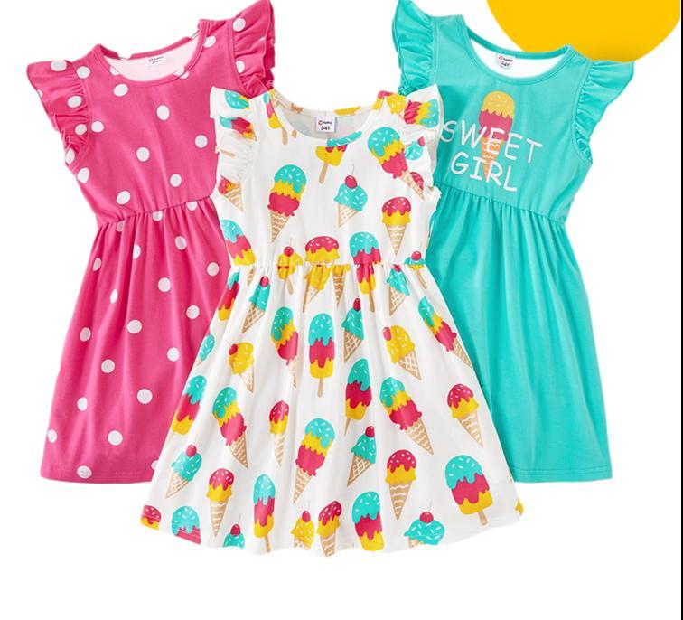 

Girl's Dresses 2021 Summer 3-Pack Girls Toddler Ice Cream Polka Dots Children's Clothing Arrival 3-6Y, Red;yellow