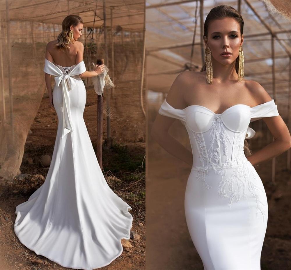 

2021 New Sexy Off the Shoulder Mermaid Es Bridal Gowns Lace Appliqued Beads Satin Wedding Robes De Marie Pmqu, Ivory