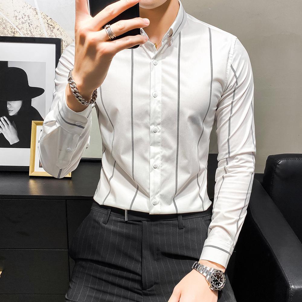 

New Moda Primavera Novo Negcio Listrado Camisas Para Roupas Masculinas 2021 Simples Manga Longa Fino Ajuste Casual Blusa Homme Preto/branco, Black