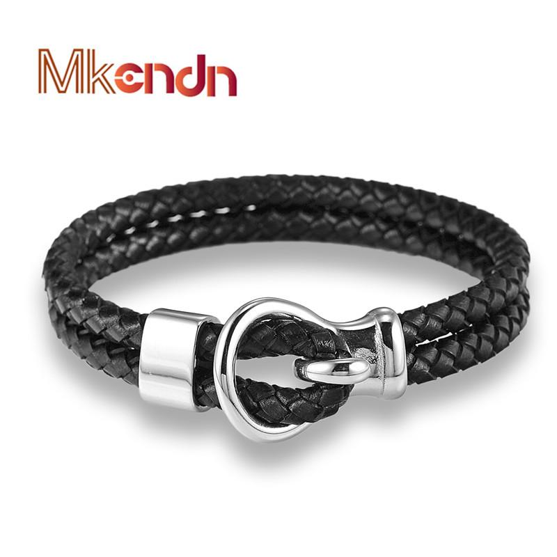 

Charm Bracelets MKENDN FASHION Man Bracelet Black Leather Rope Chain Simple Stainless Steel Buckle Hook Cool Men Jewelry, Golden;silver