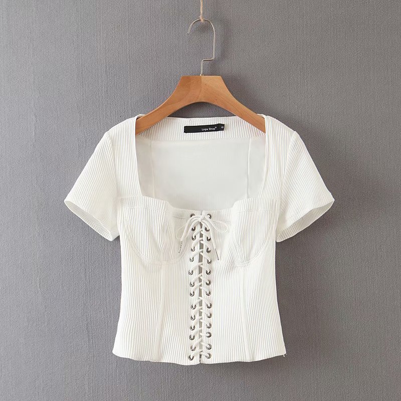 

t shirt 2021 summer two color thread tied square collar slim fit short, White