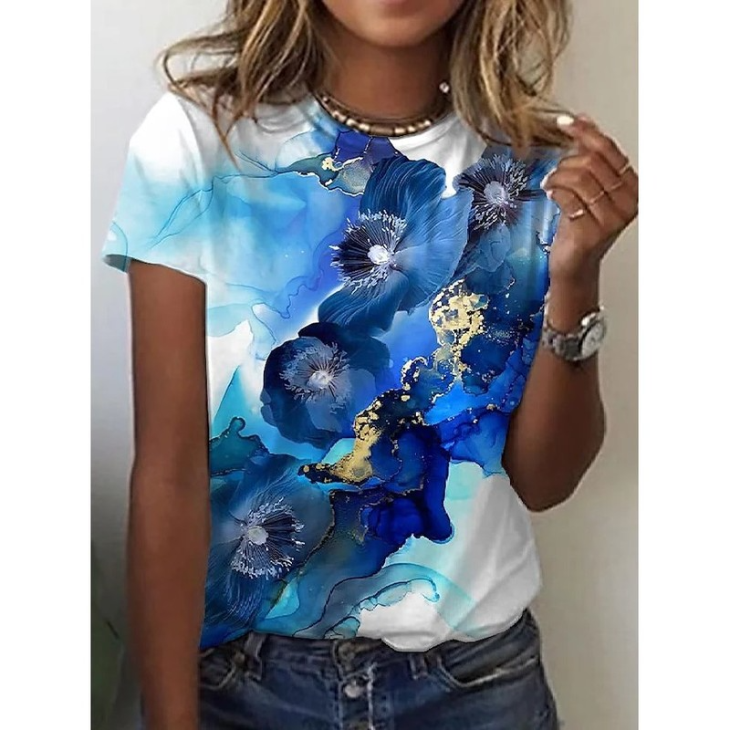 

Blue Lotus Printed Women is Fashion Words 3D Printing Short Slim T-shirt Summer Casual Round Neck Short Top Short Sleeve T-shirt, White