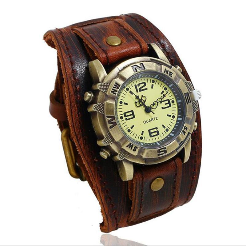 

Wristwatches Vintage Retro Big Wide Genuine Leather Strap Watch Men Punk Quartz Cuff Bracelet Bangle Relogio Masculino, W01380 retro black