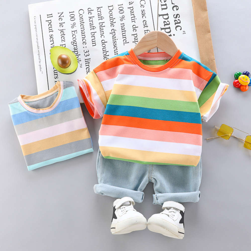 

Boys and girls' summer rainbow short sleeve T-shirt children's suit half, White